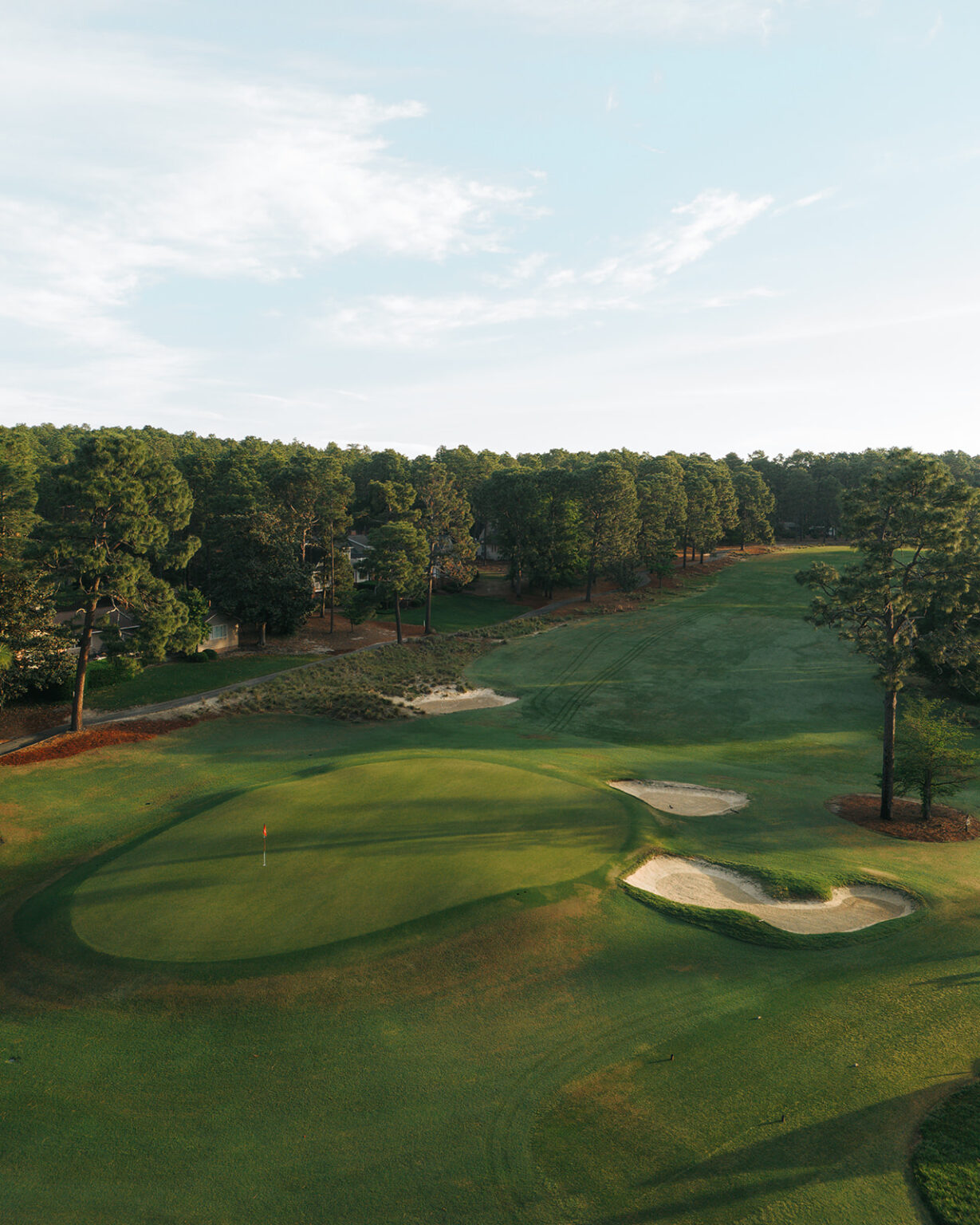 Aerial view of a well-maintained golf course featuring a large green with a flag, surrounded by sand bunkers. Tall trees border the course, and the sky is partially cloudy, indicating a bright day.